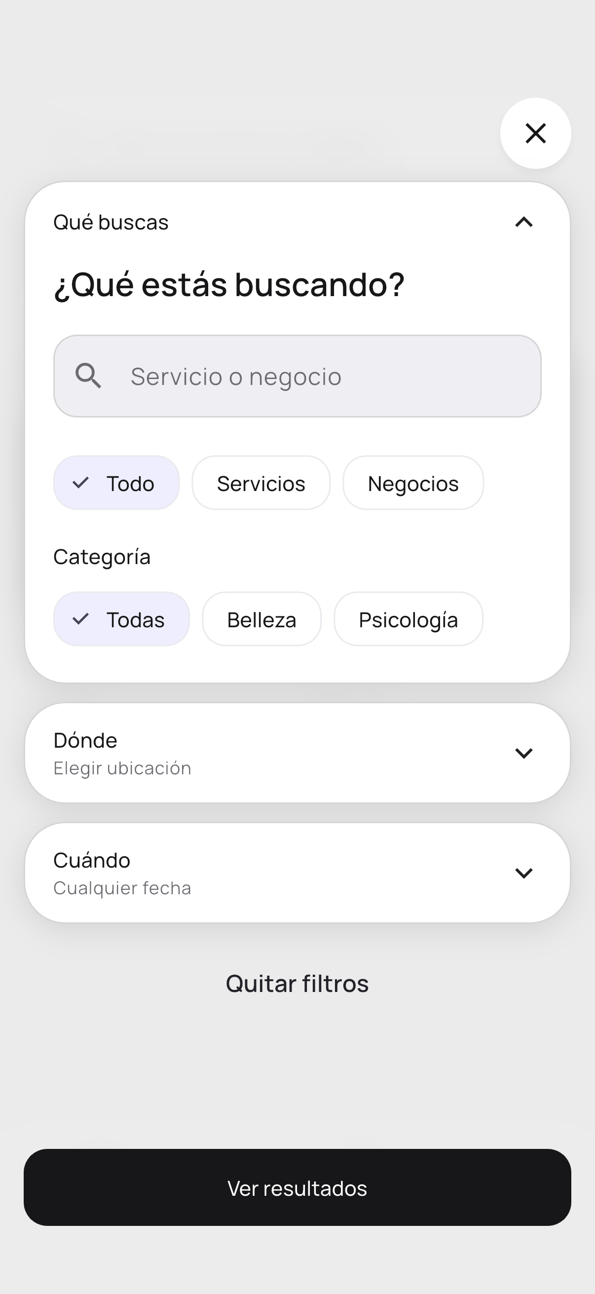 Captura de Flutter: controles de búsqueda de servicios y negocios