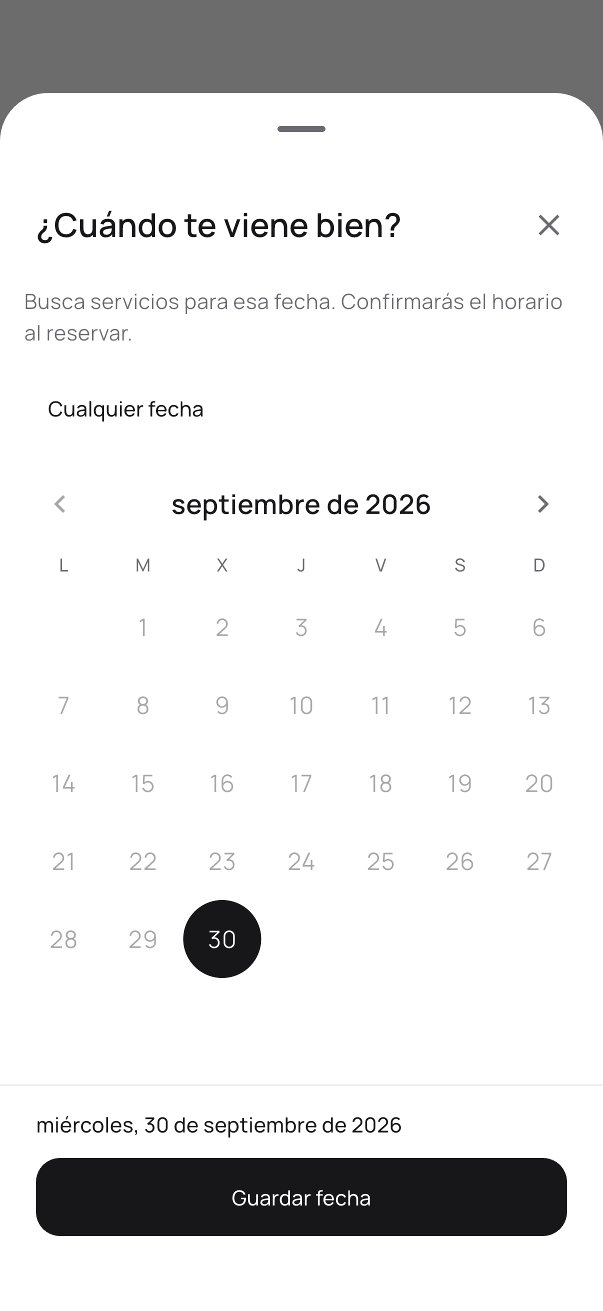 Captura de Flutter: selector de fecha para filtrar servicios