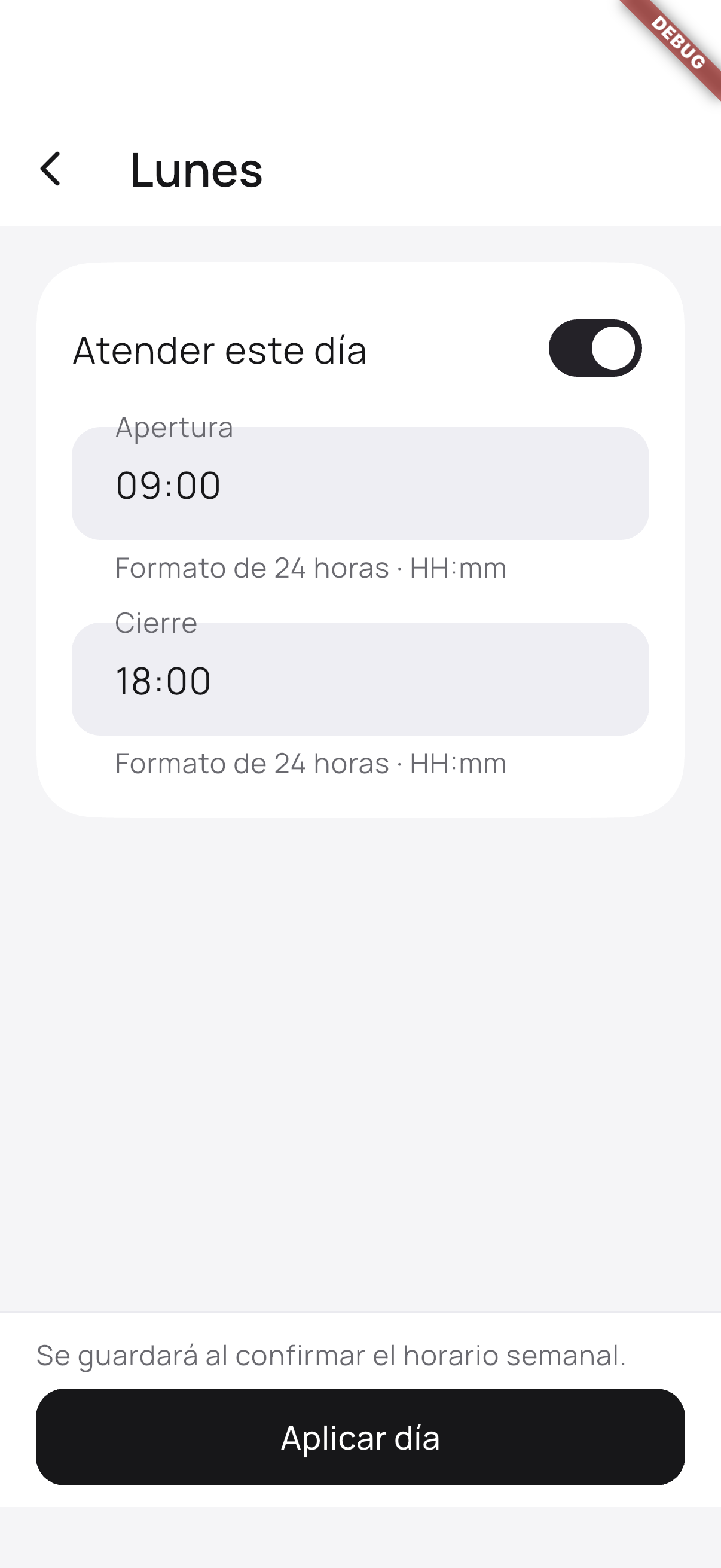 Captura de Flutter: edición del horario del lunes